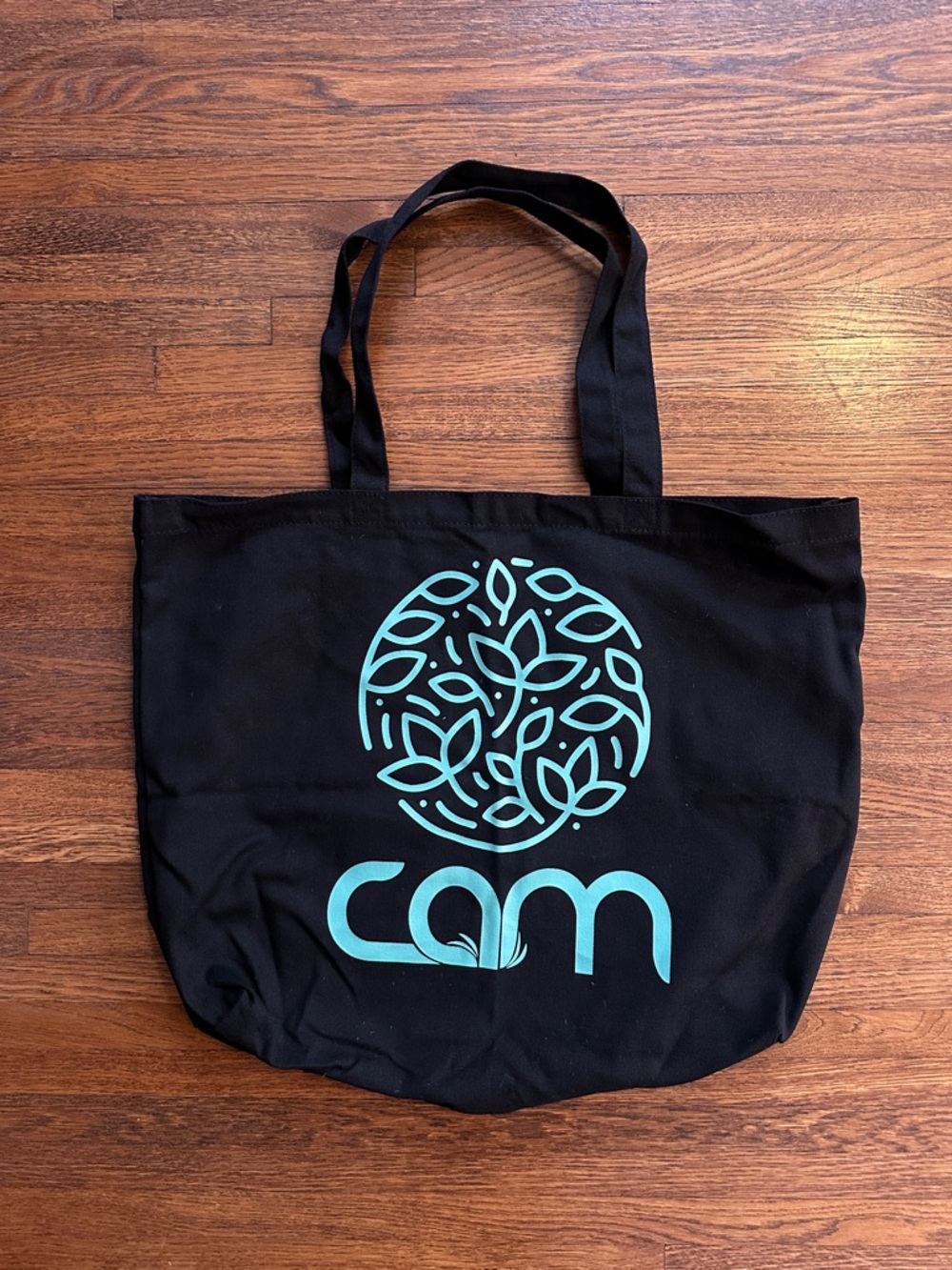 Black Canvas Tote Bag with Teal Logo